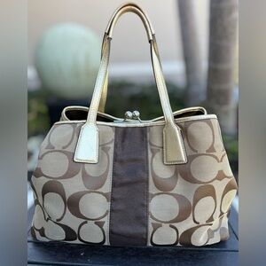 Coach Brown Signature Canvas Tote with Gold Trim